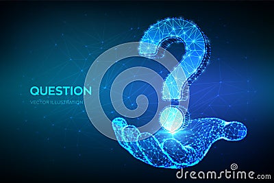 Question mark. Low poly abstract Question sign in hand. Ask symbol. Help support, faq problem symbol, think education concept, Cartoon Illustration