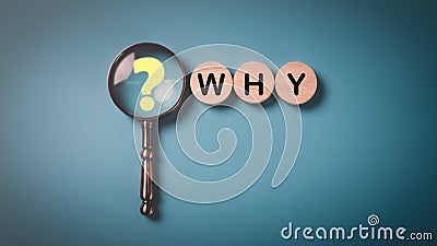 Question mark on magnifying glass and wooden block on a blue background, Questioning concepts, why, where, when, how, who ,to find Stock Photo