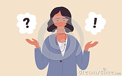 Question mark, mind choice with young thinking business woman Vector Illustration