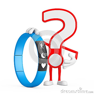 Question Mark Sign Cartoon Character Person Mascot with Blue Fitness Tracker. 3d Rendering Stock Photo