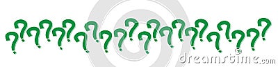 Question mark signs in green color aligned randomly in a series pattern with shadow isolated on a white transparent seamless wide Vector Illustration