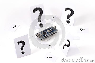 Question marks around arduino nano Stock Photo