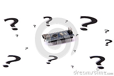 Question marks around arduino nano Stock Photo