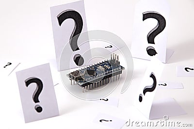 Question marks around arduino nano Stock Photo