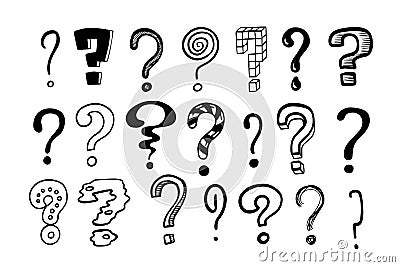 Question marks. Doodle hand drawn isolated set of interrogation signs, inky punctuation icons. Vector collection of Vector Illustration