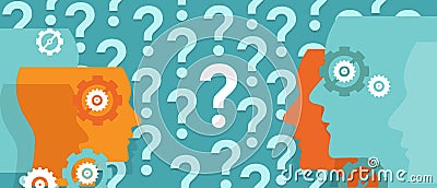 Question marks everywhere around head confused team questioning problem Vector Illustration
