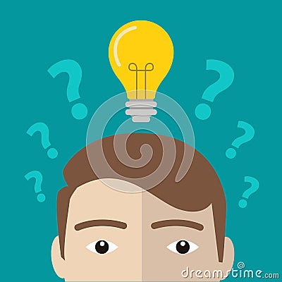 Question marks and one glowing light bulb above head of young man or boy. Insight, inspiration, eureka, aha moment, making Vector Illustration