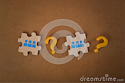 Question marks with staff workers. Job interview, human resources and recruit concept Stock Photo
