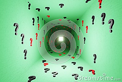Question marks symbols tunnel icon green background 3d render. Digital cyberspace questions, symbol, ask, asking Stock Photo