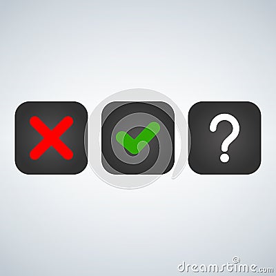 Question, red X and green tick check marks, approval signs design. Red X and green OK symbol icons in square check boxes. choice o Cartoon Illustration