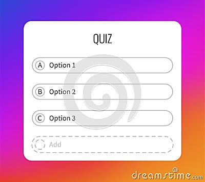 Question sticker for typing answers. Quiz option social media interface mockup, select and guess buttons, frame on Vector Illustration