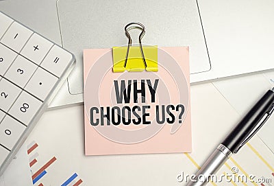 Question Why choose us on notebook. Business concept Stock Photo