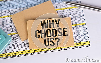Question Why choose us on notebook. Business concept. Stock Photo