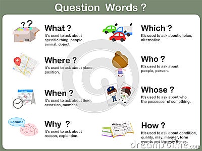 Question Word Flashcards with Picture for kids Vector Illustration