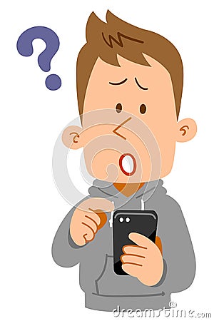 Questioning expression of a young man operating a smartphone Vector Illustration