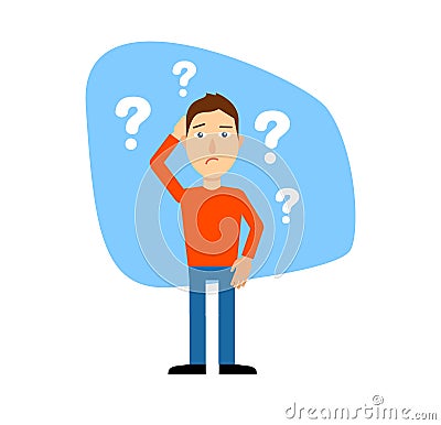 Questions above head. puzzled guy with question marks. Vector Illustration