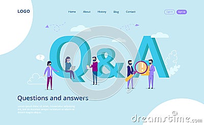 Questions And Answers, Communication , Q A Concept. A Group Of People Answering A Questionnaire Online Using Laptop And Vector Illustration