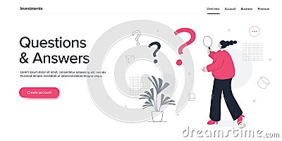 Questions and answers concept with young woman searching through magnifying glass. Q and A metaphor in flat vector illustration. Vector Illustration