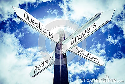 Questions, answers, problems, solution concept - signpost with four arrows Stock Photo