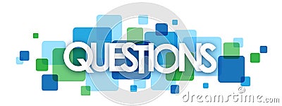 QUESTIONS blue and green overlapping squares banner Stock Photo