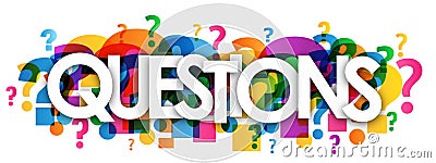 QUESTIONS colorful overlapping question marks banner Stock Photo