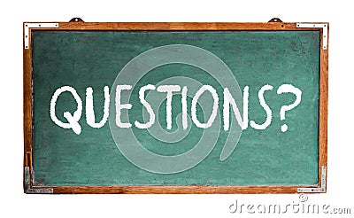 Questions? text word message in white chalk written on a wide green old grungy vintage wooden chalkboard or retro blackboard Stock Photo