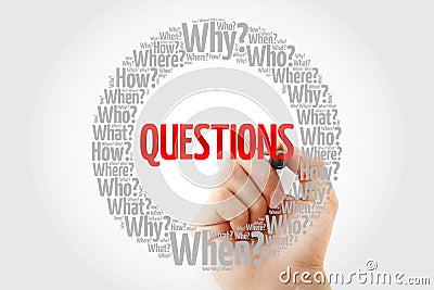 Questions whose answers are considered basic in information gathering or problem solving, word cloud background Stock Photo