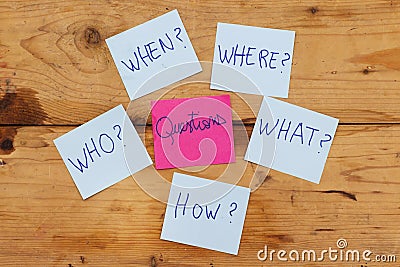 Questions - Why? What? Where? When? Why? How? on blue stickers on wooden background. Business, text, communication, information, m Stock Photo