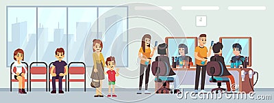 Queue in barber shop. People waiting haircut, cartoon women men child in parlor. Hairdressing salon waiting line, happy Vector Illustration