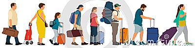 Queue for check-in at the airport. Many tourists with suitcases. Crowd of people stand in line for tickets at the station. Vector Vector Illustration