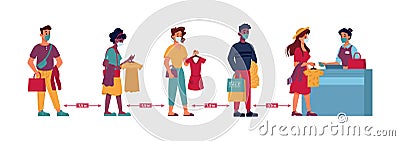 Queue in clothing store, people social distance Vector Illustration