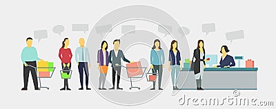 Queue different people in grocery store. Crowd staying in line. Vector Illustration