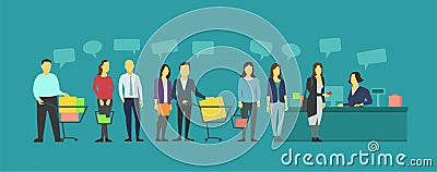 Queue different people in grocery store. Crowd staying in line. Vector Illustration