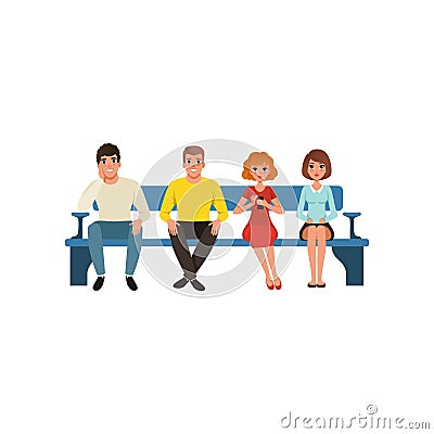 Queue of four people sitting on blue bench. Cartoon character of young men and women. Colorful flat vector design Vector Illustration