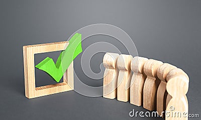 Queue line and green vote check mark. Voting in democratic election or referendum. Political campaign. Public poll. Legislative Stock Photo