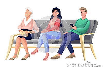 Queue of patients sit on chair, young man, old woman and girl waiting doctors appointment Vector Illustration