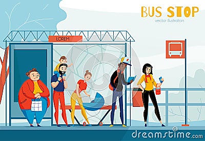 Queue People Bus Station Composition Vector Illustration