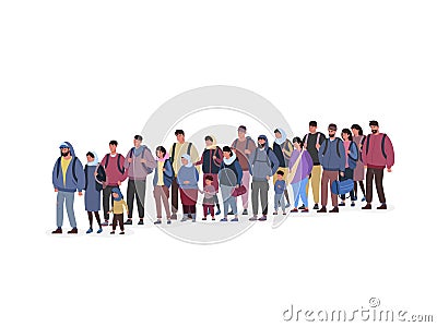 Queue refugee. Waiting people line, migration conflict, mob young iraq immigrants on border, long crowd coming patience Vector Illustration