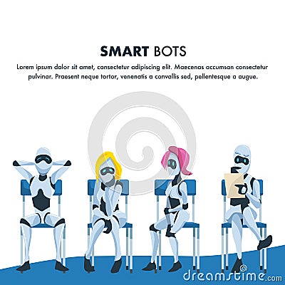 Queue of Smart Robot Sit Wait for Job Interview Vector Illustration