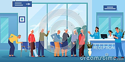 Queue to the doctor. Waiting room in hospital. Seniors waiting Vector Illustration