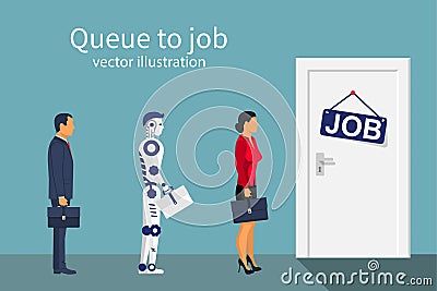 Queue to work man woman and robot Vector Illustration