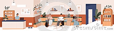 Queue in vet clinic's reception. People and pets waiting for appointments in lobby of veterinary hospital. Modern Vector Illustration