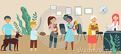 Queue veterinary medical clinic, character male female stand wait time reception flat vector illustration. People care Vector Illustration