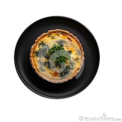 Quiche Au Fromage On Black Smooth Round Plate On Isolated Transparent Background French Dish. Generative AI Stock Photo