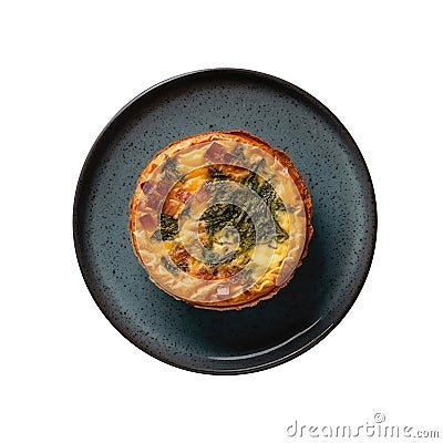 Quiche Au Fromage On Blue Smooth Round Plate On Isolated Transparent Background French Dish. Generative AI Stock Photo