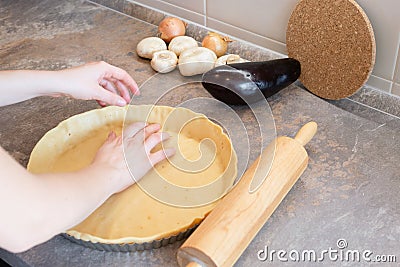 Quiche dough homemade preparation hand crust form Stock Photo