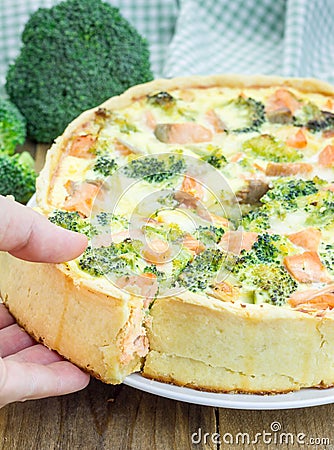 Quiche with salmon, cheese, broccoli Stock Photo