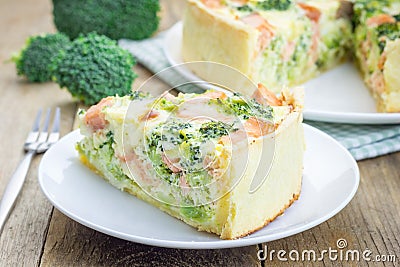 Quiche with salmon, cheese, broccoli Stock Photo