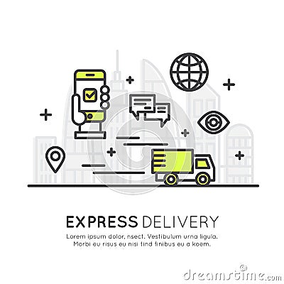 Quick Express Delivery Service with Mobile Tracking and Fast Purchase, Smart System Vector Illustration