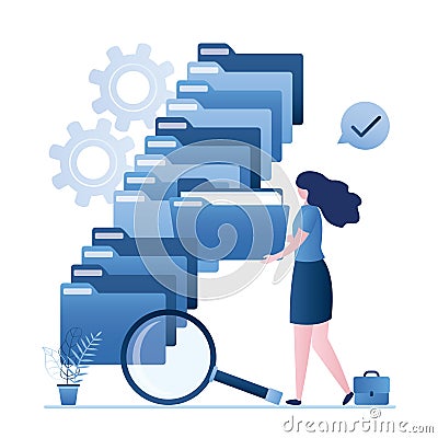 Quick files search. Female clerk holds folder with documents. Database indexing, fast unzipping. Easy search system for files Vector Illustration